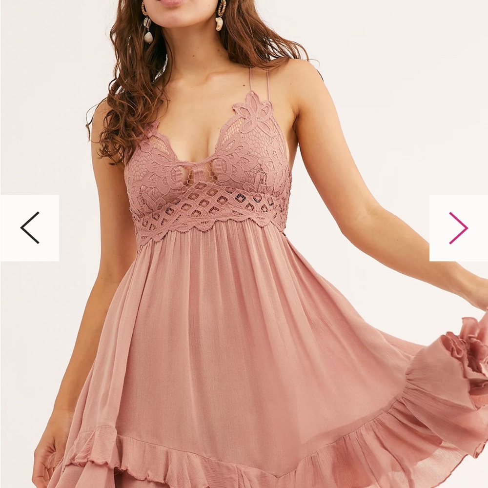 Free people rose “FP One Adella Slip” dress blush pink size Medium lace mini